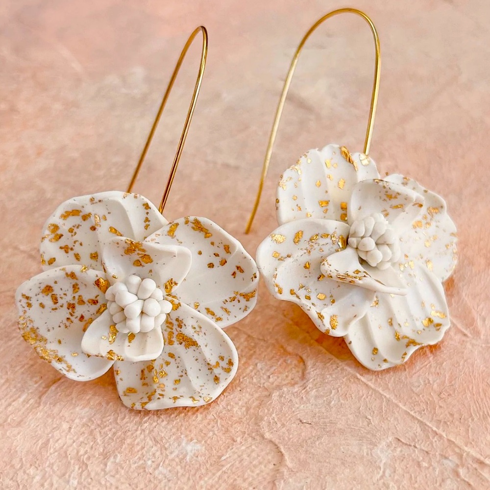Handmade White & 18K Gold Floral Clay Earrings